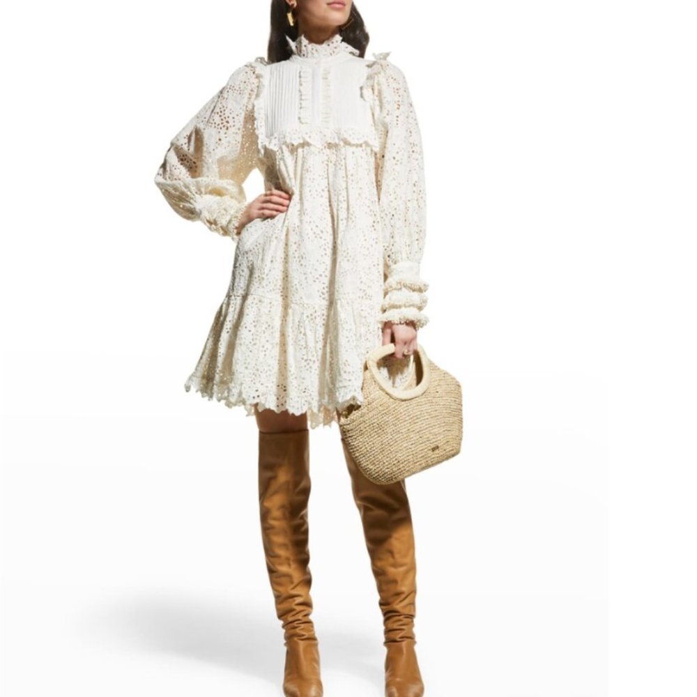 Stella Pardo Paris High Neck Ruffle Eyelet Bib-Front Mini Dress EUC